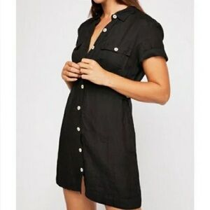 FREE PEOPLE Linen Black Button-Up Shirt Dress